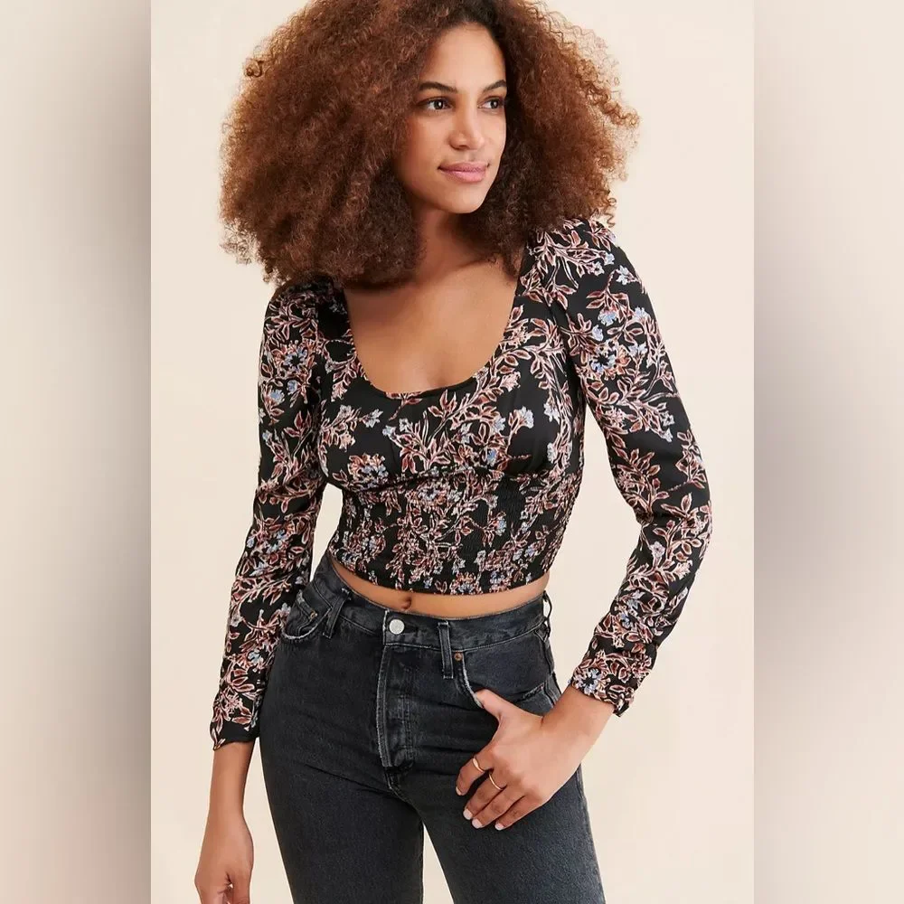Free People Santiago Floral Cropped Smocked Boho Top in Black size Large